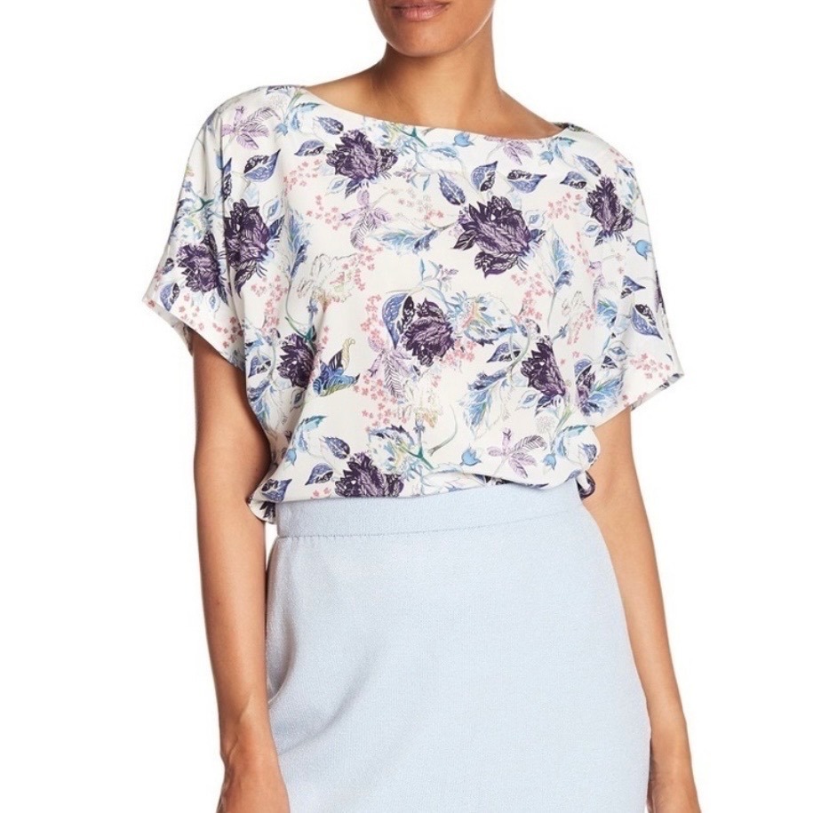 St John Collection Silk Floral Boat Neck Dolman Sleeve Blouse Cream Purple Med